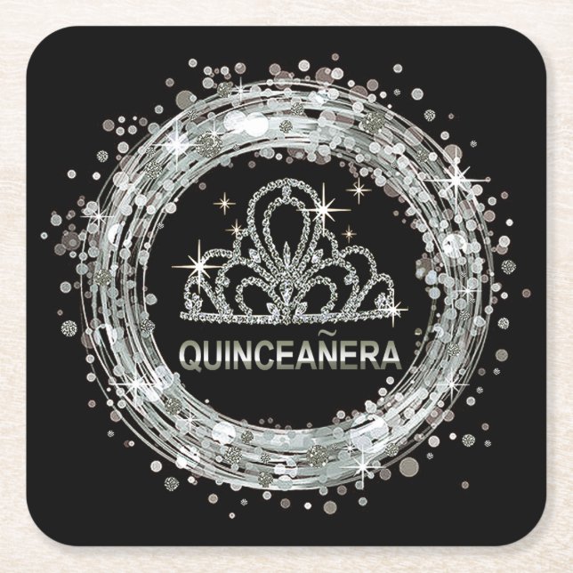 Diamond Tiara Sweet 15 Glitter Confetti | silver Square Paper Coaster (Front)