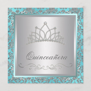 Diamond Tiara Teal Blue Damask Teal Blue Quinceane Invitation