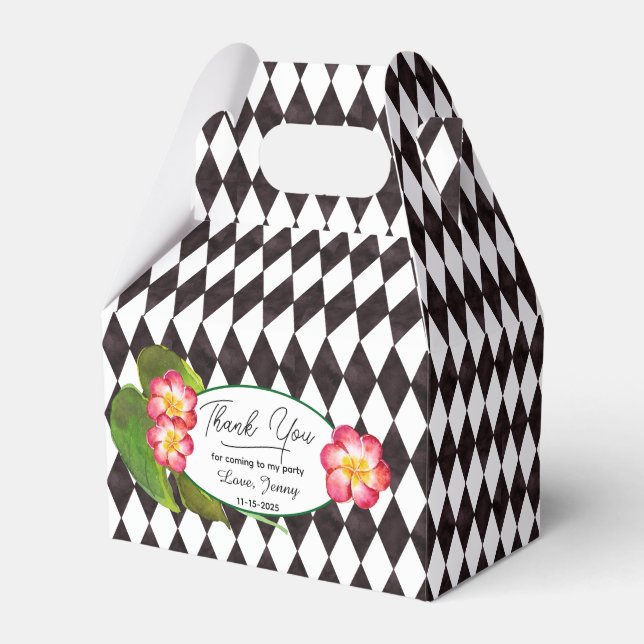 Diamond Tile Black and White with Tropical Flowers Favour Box (Front Side)