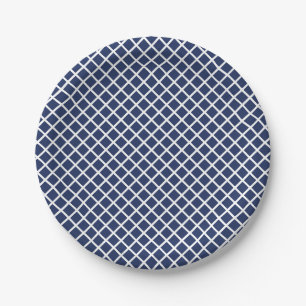 Diamond Trellis White - Navy Blue Paper Plate