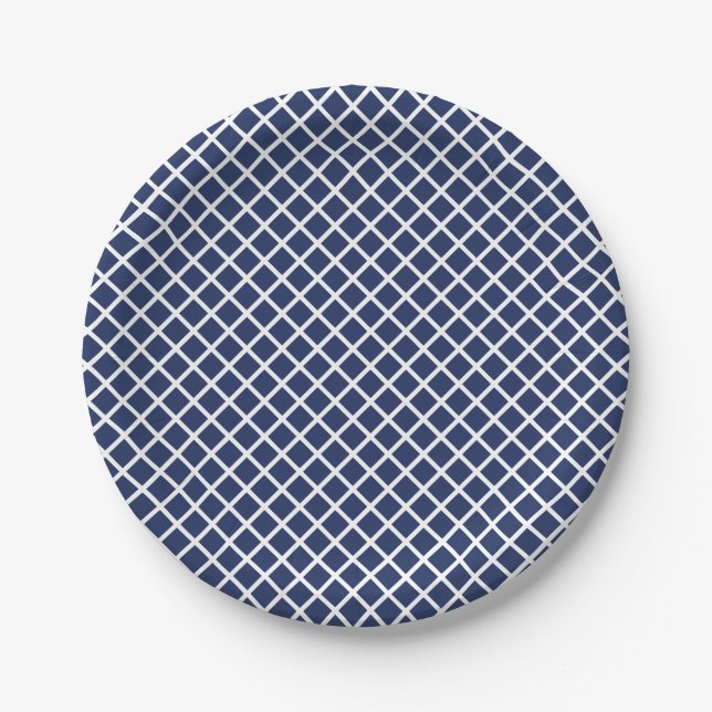 Diamond Trellis White - Navy Blue Paper Plate (Front)