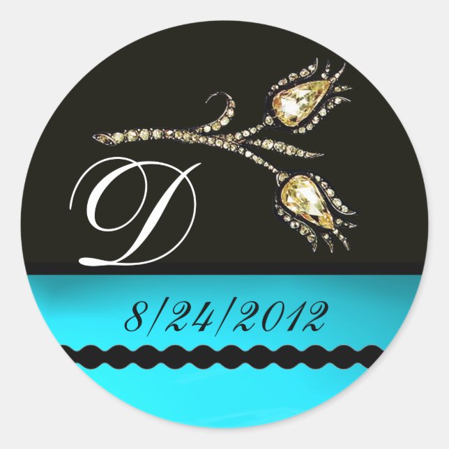 DIAMOND TULIPS BLACK WHITE AQUA BLUE TEAL MONOGRAM CLASSIC ROUND STICKER (Front)