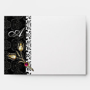 DIAMOND TULIPS  Black White Damask Monogram Envelopes