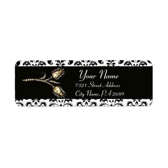 DIAMOND TULIPS BLACK WHITE DAMASK RETURN ADDRESS LABEL