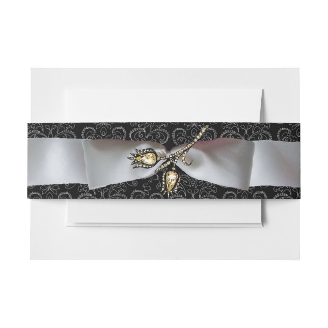 DIAMOND TULIPS Black White Damask Ribbon Invitation Belly Band (Front Example)
