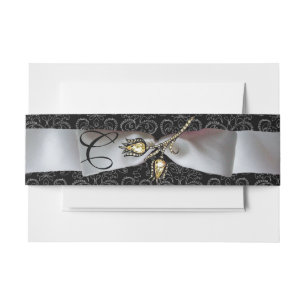 DIAMOND TULIPS Black White Damask Ribbon Monogram Invitation Belly Band
