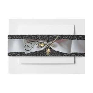 DIAMOND TULIPS Black White Damask Ribbon Monogram Invitation Belly Band