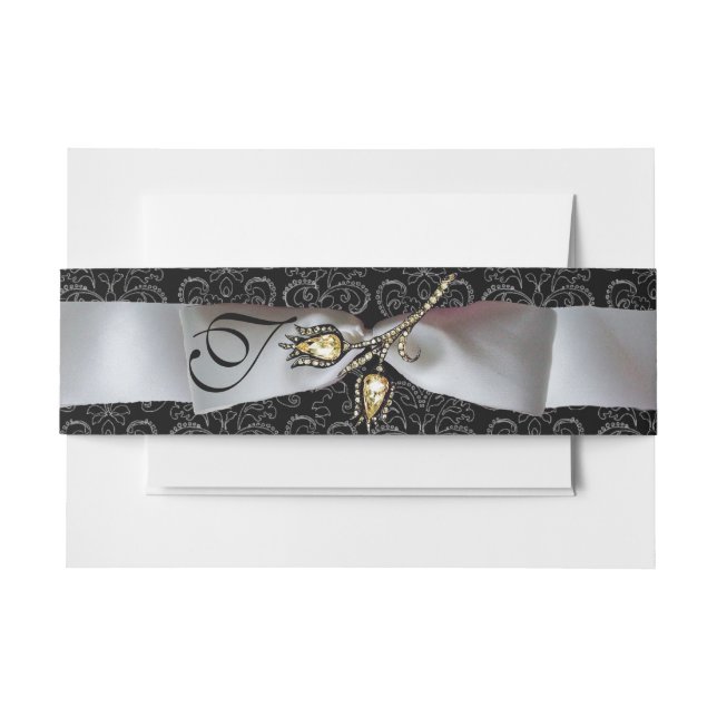 DIAMOND TULIPS Black White Damask Ribbon Monogram Invitation Belly Band (Front Example)