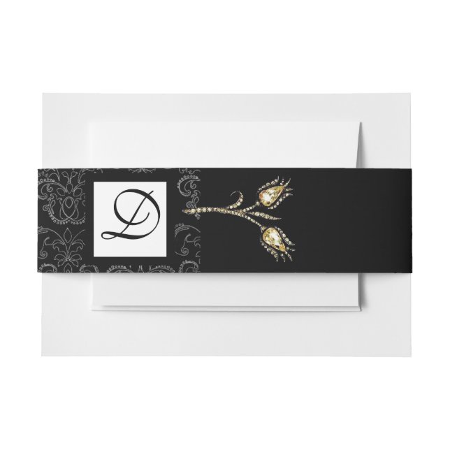 DIAMOND TULIPS Black White Damask Square  Monogram Invitation Belly Band (Front Example)
