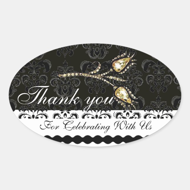 DIAMOND TULIPS BLACK WHITE DAMASK,Thank you Favour Oval Sticker (Front)
