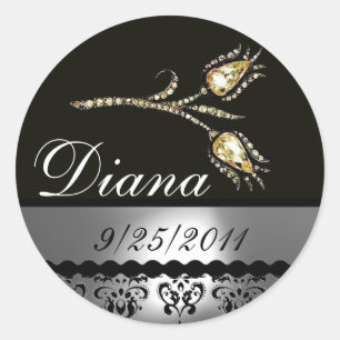 DIAMOND TULIPS BLACK WHITE GREY DAMASK,Save Date Classic Round Sticker