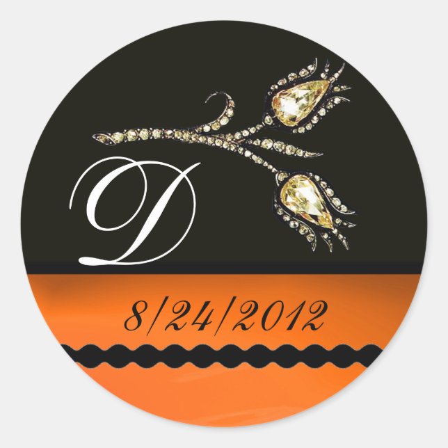 DIAMOND TULIPS BLACK WHITE ORANGE MONOGRAM CLASSIC ROUND STICKER (Front)