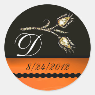 DIAMOND TULIPS BLACK WHITE ORANGE MONOGRAM CLASSIC ROUND STICKER