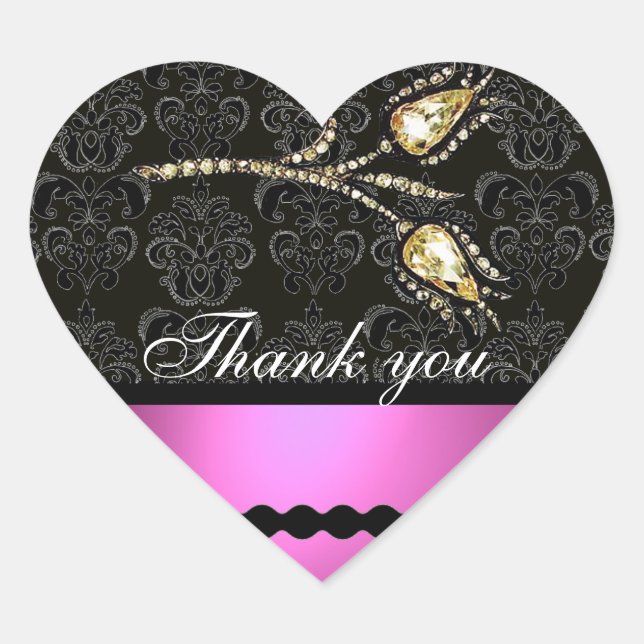 DIAMOND TULIPS BLACK WHITE PINK DAMASK,Thank you Heart Sticker (Front)