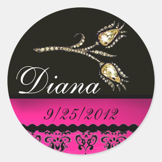 DIAMOND TULIPS BLACK WHITE PINK FUCHSIA DAMASK, CLASSIC ROUND STICKER (Front)
