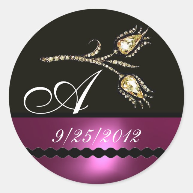 DIAMOND TULIPS BLACK WHITE PINK FUCHSIA MONOGRAM CLASSIC ROUND STICKER (Front)