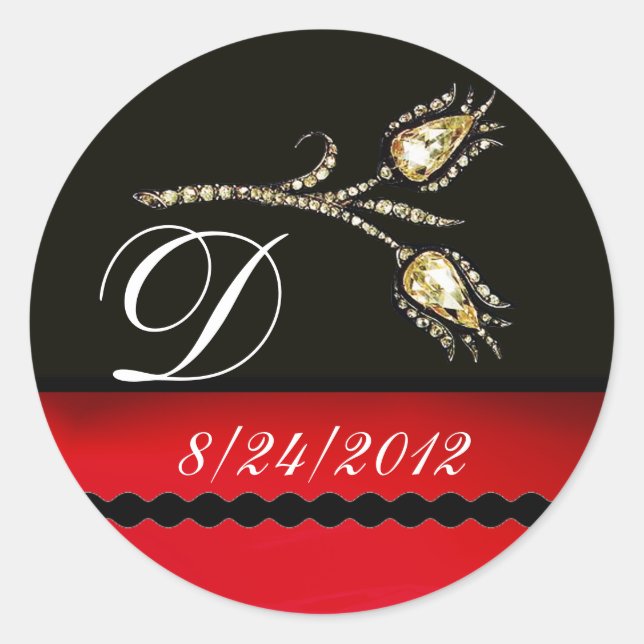 DIAMOND TULIPS BLACK WHITE RED MONOGRAM CLASSIC ROUND STICKER (Front)