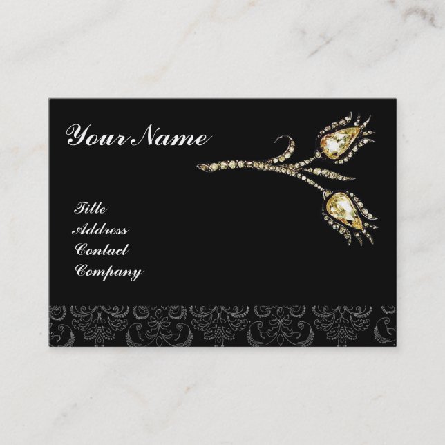 DIAMOND TULIPS DAMASK MONOGRAM ,Black & White Business Card (Front)