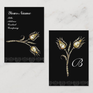 DIAMOND TULIPS DAMASK MONOGRAM ,Black & White Business Card
