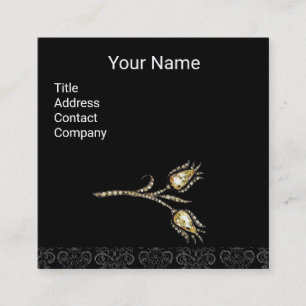 DIAMOND TULIPS DAMASK MONOGRAM ,Black & White Square Business Card
