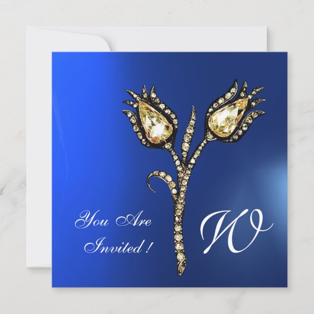 DIAMOND TULIPS MONOGRAM , Blue Sapphire Invitation (Front)
