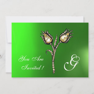 DIAMOND TULIPS MONOGRAM ,Green Emerald Invitation