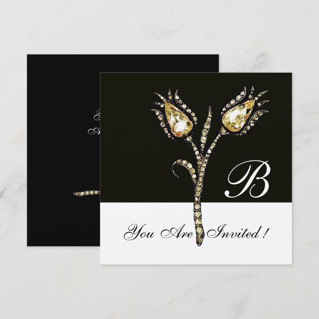 DIAMOND TULIPS MONOGRAM ,Silver Metallic Invitation (Front/Back)