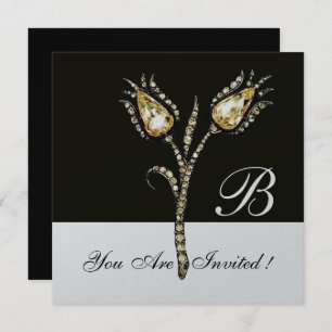 DIAMOND TULIPS MONOGRAM ,Silver Metallic Invitation