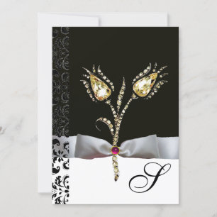 DIAMOND TULIPS ,Pink Black White Damask Monogram Invitation