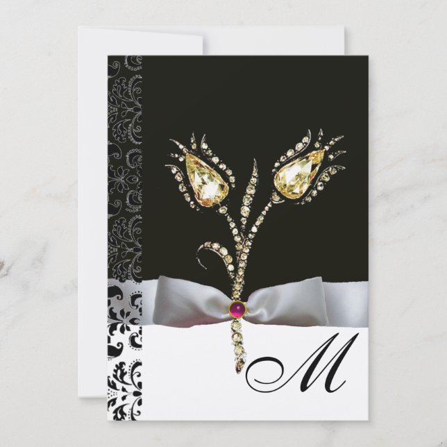DIAMOND TULIPS ,Pink Black White Damask Monogram Invitation (Front)