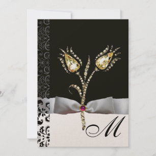 DIAMOND TULIPS ,Pink Black White Damask Monogram Invitation