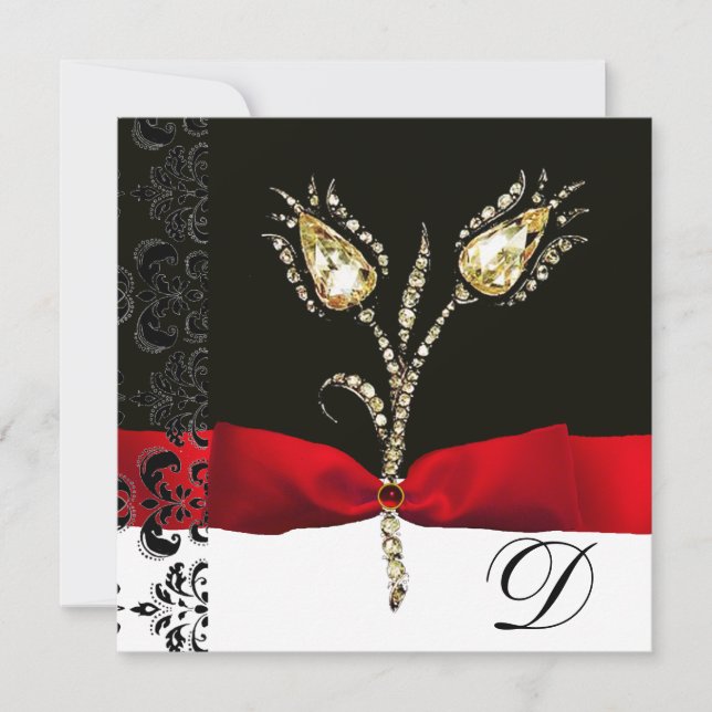 DIAMOND TULIPS , Red Black White Damask Monogram Announcement (Front)