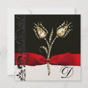 DIAMOND TULIPS , Red Black White Damask Monogram Announcement