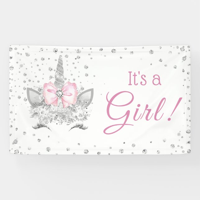 Diamond Unicorn Face Girl Baby Shower Banner (Horizontal)