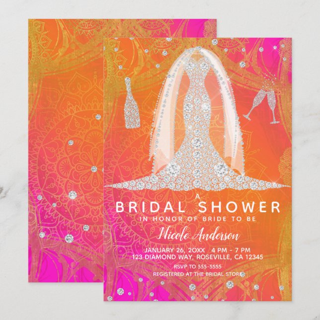 Diamond Wedding Dress Indian Bright Bridal Shower Invitation (Front/Back)