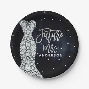 Diamond Wedding Dress Modern Blue Bridal Shower Paper Plate