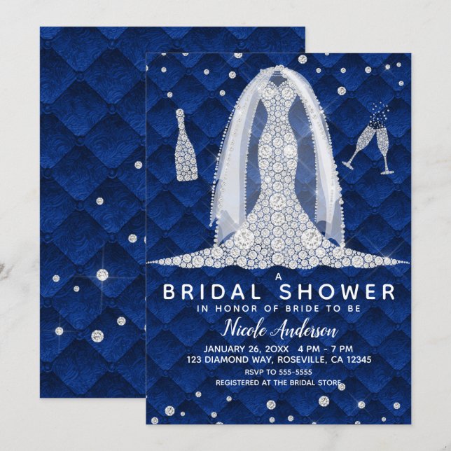 Diamond Wedding Dress Royal Blue Bridal Shower Invitation (Front/Back)