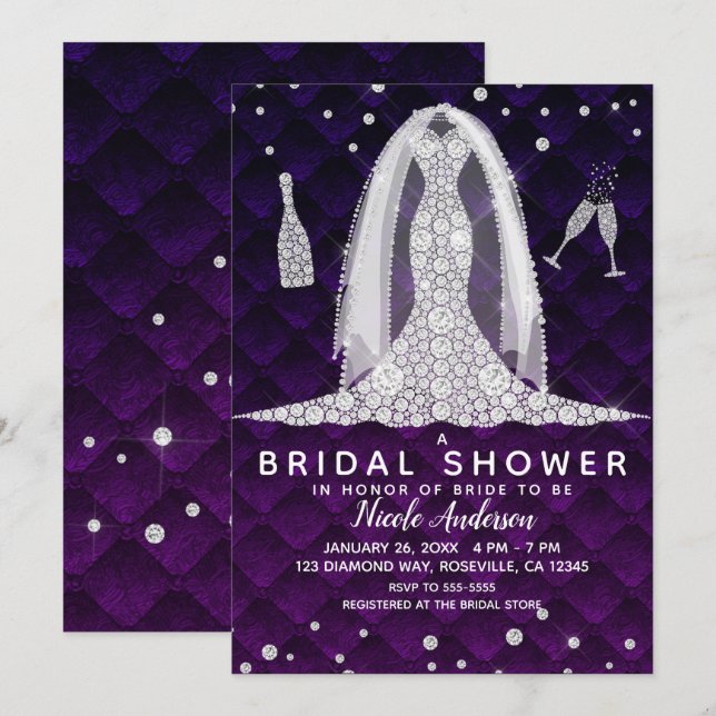 Diamond Wedding Dress Royal Purple Bridal Shower Invitation (Front/Back)