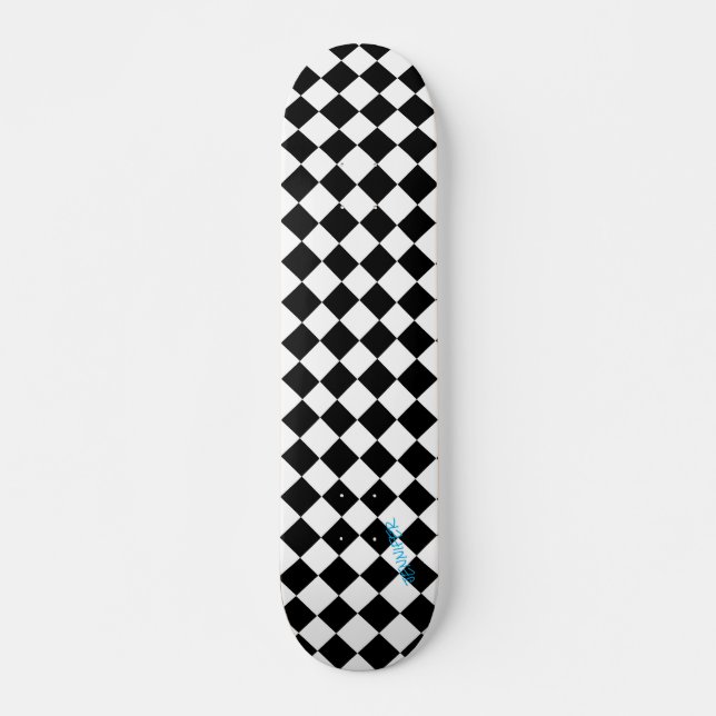 Diamond White & Black Checkers & Name or Text Skateboard (Front)
