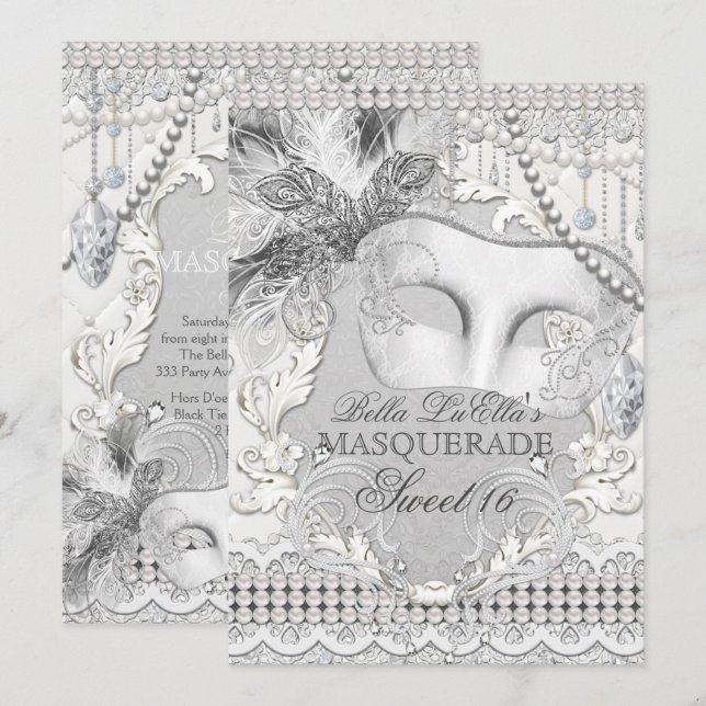 Diamond White Pearl Masquerade Invitation (Front/Back)