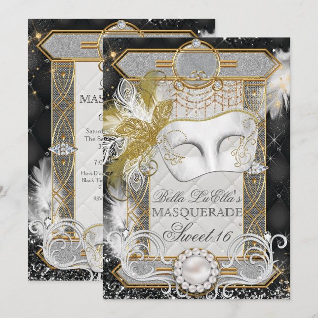 Diamond White Pearl Masquerade Invitation (Front/Back)