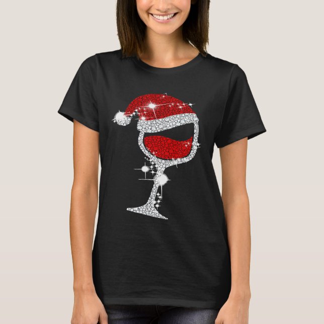 Diamond Wine Glasses Santa Hat Christmas T-Shirt (Front)