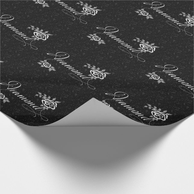Diamond with White Roses on Floral Black Wrapping Paper (Corner)