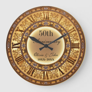 Diamonds And Gold 50th Wedding Anniversary Large Clock