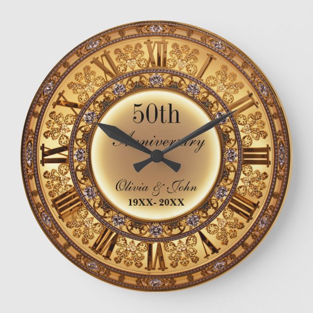 Diamonds And Gold 50th Wedding Anniversary Large Clock (Front)