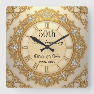 Diamonds And Gold 50th Wedding Anniversary Square Wall Clock