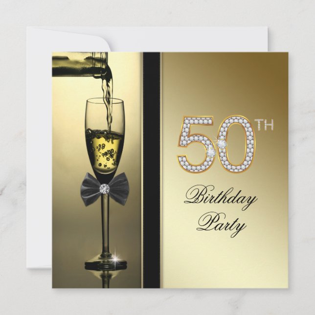 Diamonds and Gold Champagne 50th Birthday Party Invitation (Front)