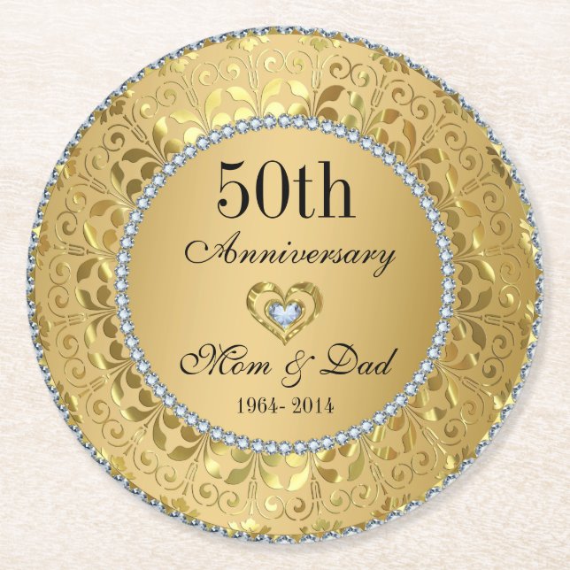 Diamonds And Gold Damask. 50th Wedding Anniversary Round Paper Coaster (Front)