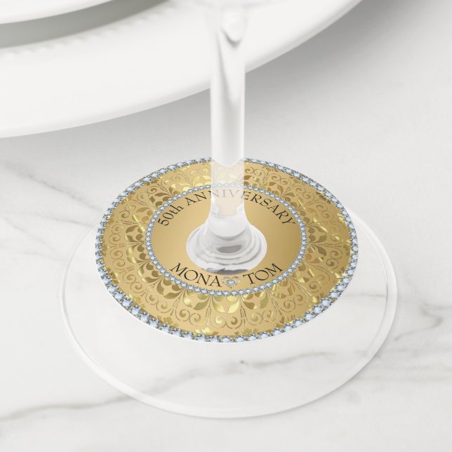Diamonds And Gold Damask Wine Glass Tag (Close Up)