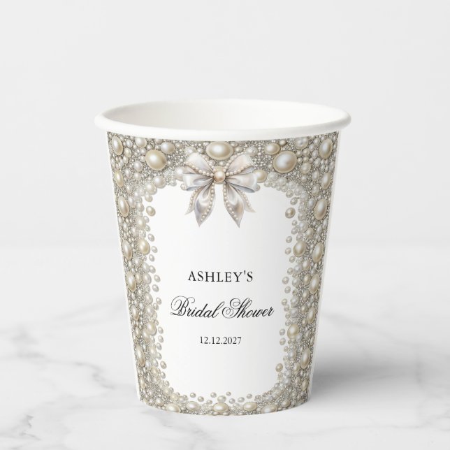 Diamonds and Pearls Bow Bridal Shower Paper Cups (Front)
